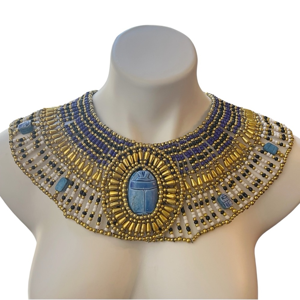 Ancient Egyptian Revival Beaded Scarab Collar
Necklace Handmade Statement Piece - Picture 3 of 13